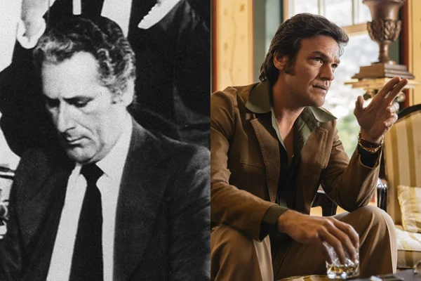Montagem de imagens de Doca Street na vida real (esquerda) e Emilio Dantas caracterizado como ele para a série da HBO Max sobre o crime
