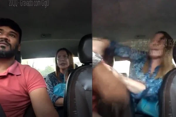 Imagem colorida, mulher agredindo motorista