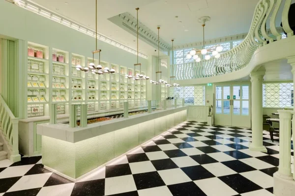 Café da Prada em Londres. Decoração verde com chão em losangos em preto e branco - Metrópoles