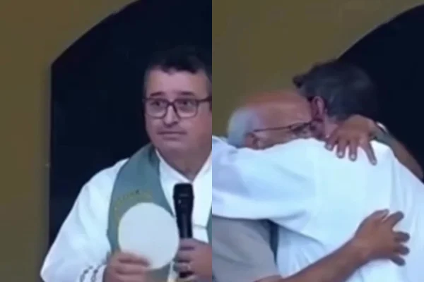 Padre abraça senhor que perdeu o neto - Metrópoles