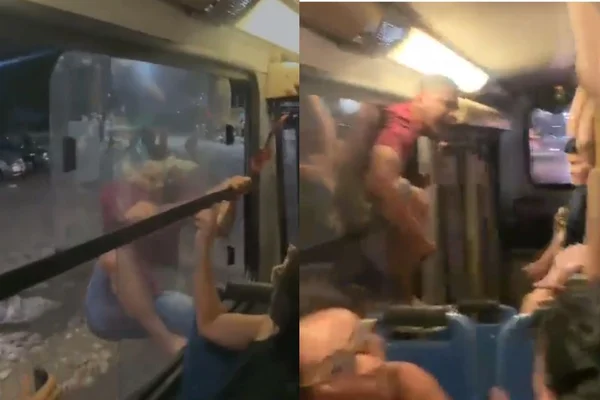 Homem se pendura em ônibus em movimento na Grande Belém