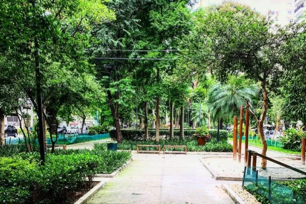 Imagem da Praça Pereira Coutinho, local arborizado com ferramentas para ginástica