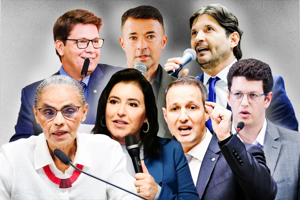 Imagem em cores mostra os pré-candidatos ao senado por São Paulo. Na parte superior da foto: deputado federal Mario Frias, vice-prefeito Coronel Mello Araújo, deputado estadual André do Prado. na parte inferior: ex-ministra do meio ambiente Marina Silva, ex-ministra do Planejamento Simonte Tebet, deputado federal Guilherme Derrite e Deputado Federal Ricardo Salles.