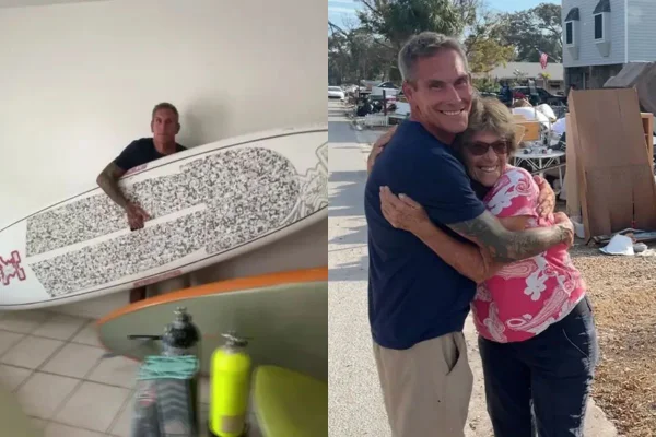 Montagem com fotos coloridas de Marty Thomas com a prancha de surfe usada nos resgates e Marty Thomas e Anne McIntosh se reencontraram quase uma semana depois que o surfista a salvou - Metrópoles