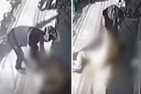Montagem com fotos em preto e branco de momento em que ladrão arrasta mulher que segurou bolsa e reagiu a assalto - Metrópoles