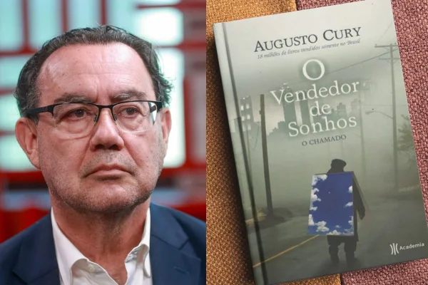 Montagem de Augusto Cury e do livro O Vendedor de Sonhos