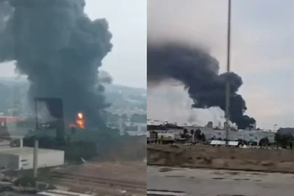 Imagem colorida de incêndio em galpão, localizado em Barueri, São Paulo