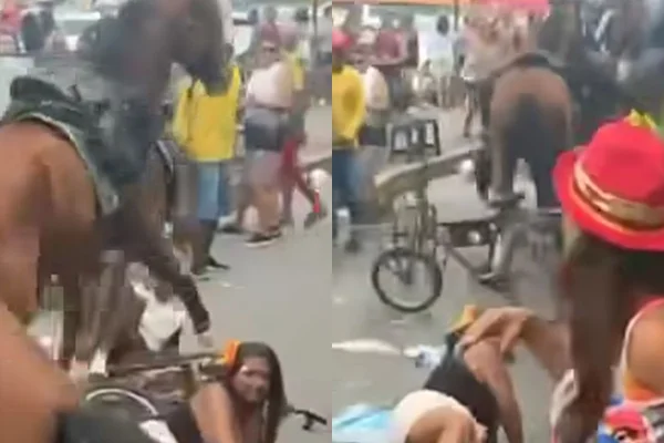 Imagens mostram foliões no Bloco Galo da Madrugada, em Recife, sendo derrubados no chão por um cavalo da Polícia Militar Montada durante a tarde de sábado (14/2).