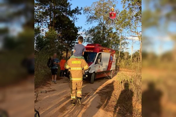 Bombeiro fardado segurando menino com camisa azul em seu ombro. Eles estão em um caminho de terra numa floresta e há uma ambulância e pessoas atrás