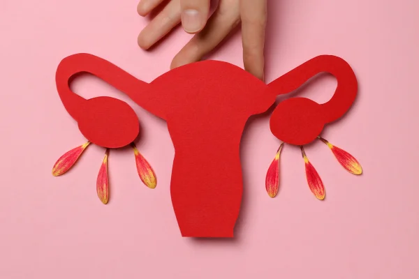 Foto colorida de mão feminina em frente uma colagem de figura que simboliza o útero - Metrópoles.