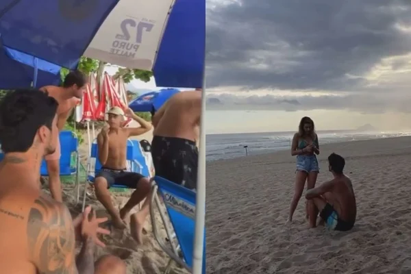 Montagem. Do lado esquerdo, Gabriel Medina sentado de costas embaixo de uma barraca de praia, com amigos. Do lado direito, Gabriel Medina conversa com uma moça loira, sentado na areia enquanto ela fica em pé, em sua frente