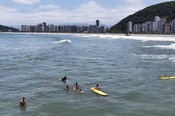 Imagem colorida mostra resgate durante prova de guarda-vidas no litoral de SP. Metrópoles