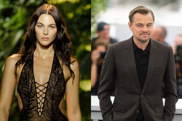 Foto colorida. Imagem mostra a imagem dividida ao meio mostrando Vittoria Ceretti, modelo branca, de cabelos pretos e lisos desfilando. Do outro lado, Leonardo DiCaprio está trajando um terno marrom e posando para fotos - Metrópoles
