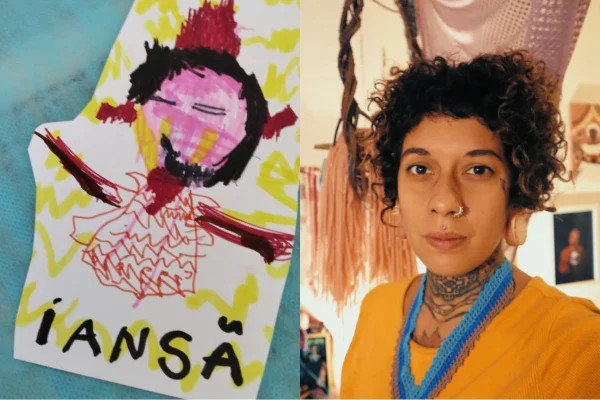Imagem colorida mostra desenho de Iansã e artista Liu Olivina, autora de livro sobre orixás. Metrópoles