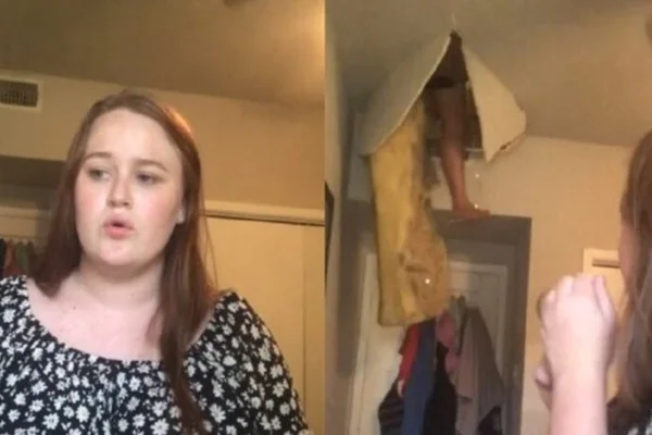 Mulher atravessa o teto