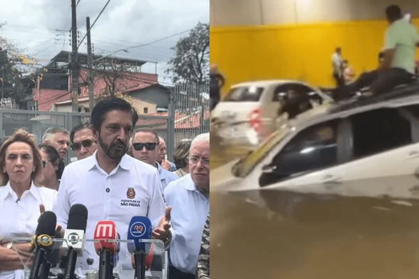 Colagem colorida do prefeito ricardo nunes ao lado do túnel do anhangabaú, onde ficou alagado nessa quarta-feira (14/10) - Metrópoles