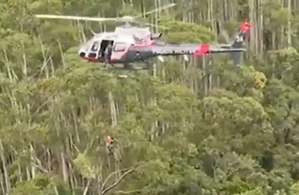 Imagem de PM descendo de rapel de helicóptero em área de mata - Metrópoles