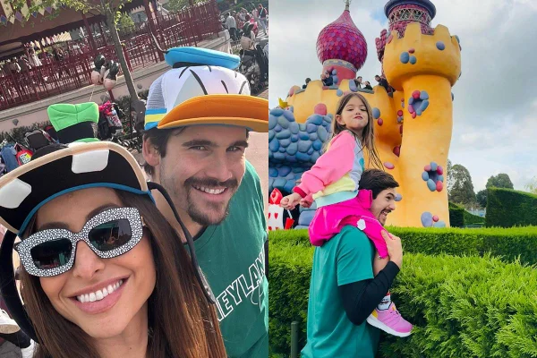 Montagem com fotos coloridas de Sabrina Sato e Nicolas Prattes na Disney - Metrópoles