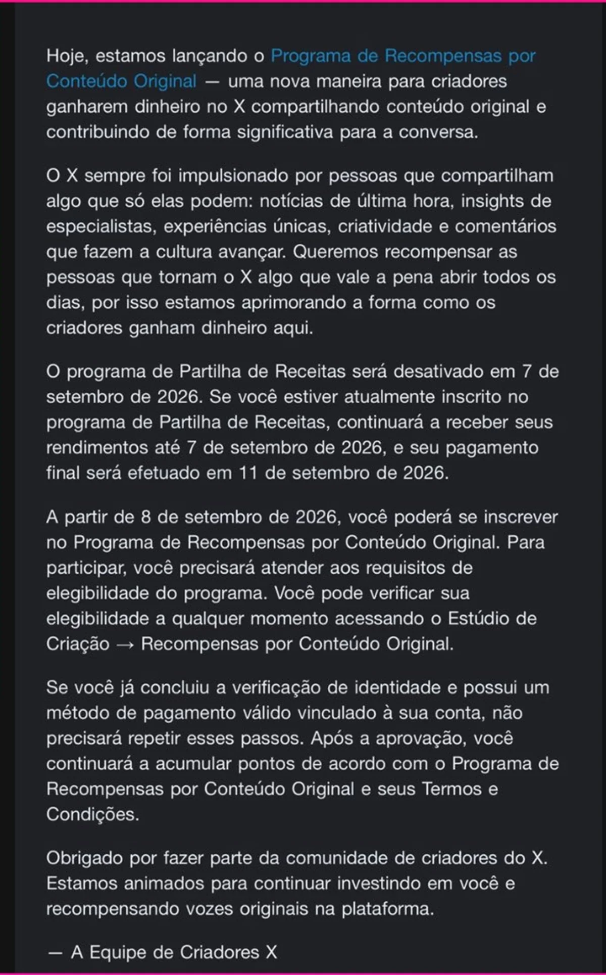 Mensagem enviada aos usuários do X, antigo Twitter, a respeito de novo programa de remuneração Mensagem enviada aos usuários do X, antigo Twitter, a respeito de novo programa de remuneração