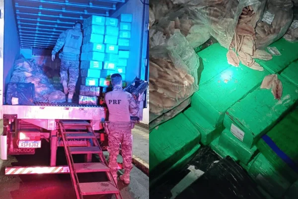 Imagem colorida de uma viatura da PRF em frente a um caminhão aberto com cargas de maconha no interior - Metrópoles
