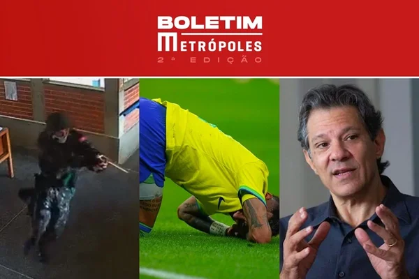 imagem coloerida do Boletim Metropoles com imagem de atirador que matou três pessoas em escolas no Espírito Santo, Neymar Jr. na Copa do Mundo e Fernando Haddad. os destaques do Boletim Metrópoles 2ª edição de 25/11/2022