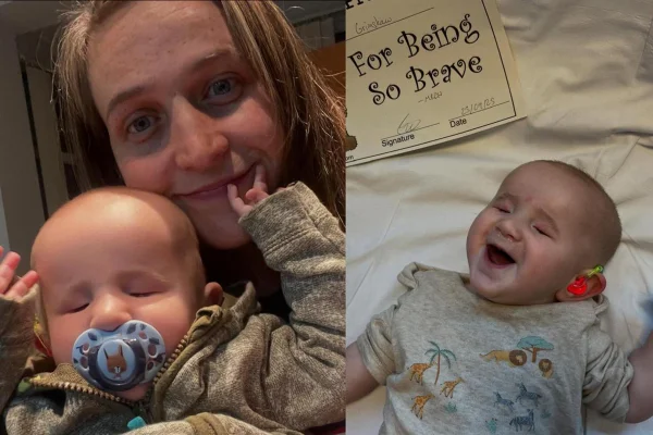 Beth Fair-Lawton e o filho Rudy, que tem uma condição rara chamada anoftalmia bilateral. Metrópoles