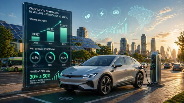 Imagem colorida mostrando veículo ao lado de quadro com números sobre crescimento de vendas de carros elétricos-Metrópoles