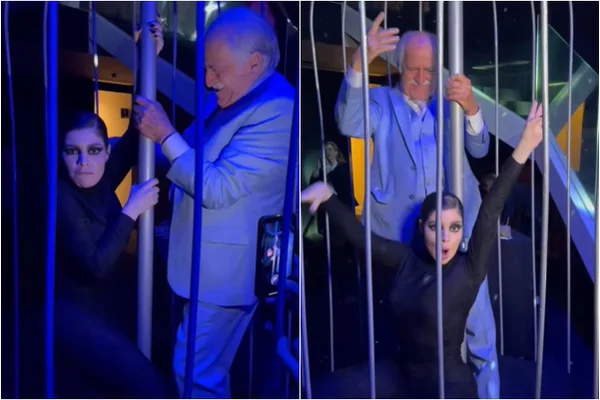 montagem de duas fotos de Ary Fontoura e Gkay dançando em gaiola