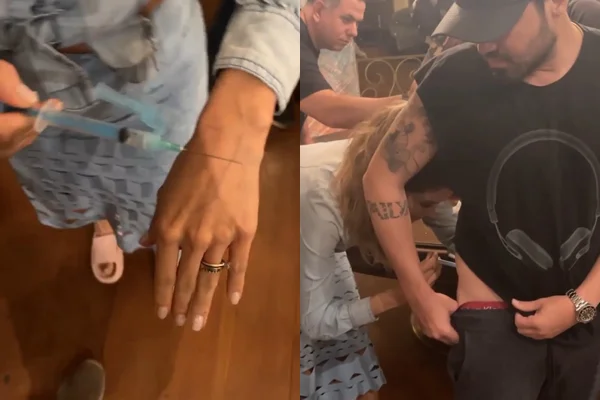 Biah Rodrigues aplica injeção no bumbum de Fernando Zor, da dupla com Sorocaba