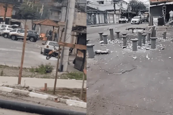 Colagem colorida de PMs destruindo praça no litoral de SP - Metrópoles