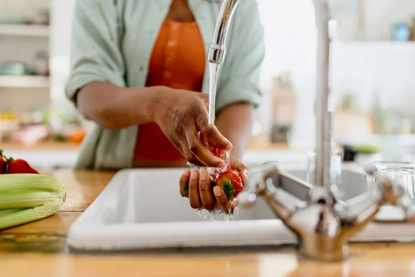 Imagem mostra mãos de mulher lavando morangos e uma pia de cozinha - Metrópoles