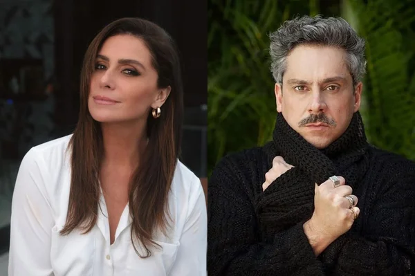 montagem com duas fotos, uma de giovanna antonelli de camisa branca e outra de alexandre nero de blusa preta