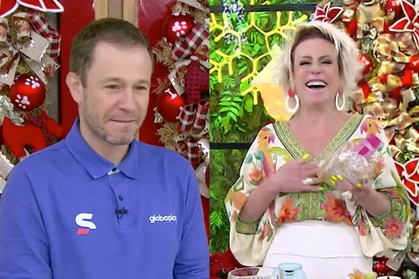 À esquerda, Tiago Leifert aparece cabisbaixo; à direita, Ana Maria Braga solta gargalhada - Metrópoles