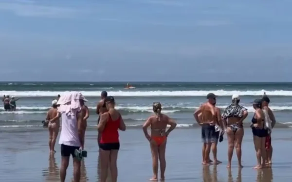 Imagem colorida de pessoas na areia olhando para o mar no litoral de São Paulo - Metrópoles