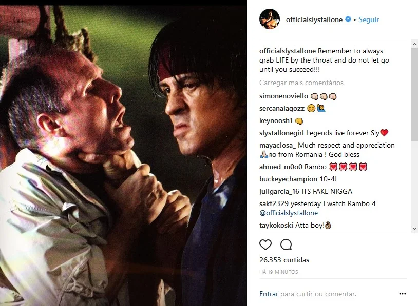 Stallone aproveitou o rumor para dar um recadinho: "Agarre a vida pela garganta!" Stallone aproveitou o rumor para dar um recadinho: "Agarre a vida pela garganta!"