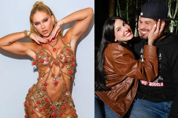 Montagem de duas fotos. Uma com Virginia Fonseca e a outra com Zé Felipe e Ana Castela abraçados