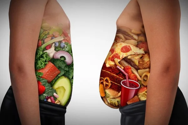 Barrigas com alimentos saudaveis e não saudaveis -Metrópoles