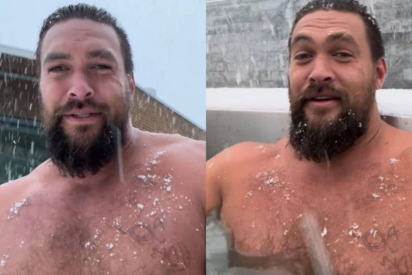 montagem com duas fotos do rosto de peito de jason momoa, que está sem camiseta - metrópoles
