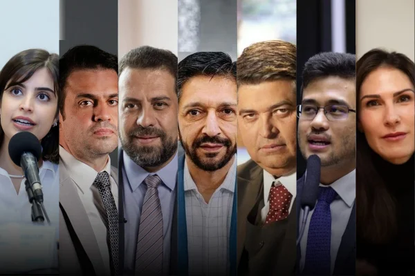 Montagem mostra os pré-candidatos à Prefeitura de SP: Tabata, Pablo Marçal, Boulos, Nunes, Datena, Kim Kataguiri e Marina Helena - Metrópoles