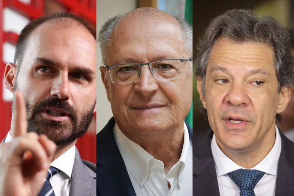 Imagem colorida mostra montagem com os rostos de Eduardo Bolsonaro, Geraldo Alckmin e Fernando Haddad - Metrópoles