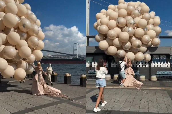 Foto colorida de montagem de mulher com balões - Metrópoles