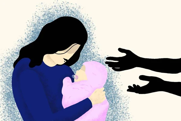Ilustração de mulher com um bebê em manto entregando para a sombra de duas mãos
