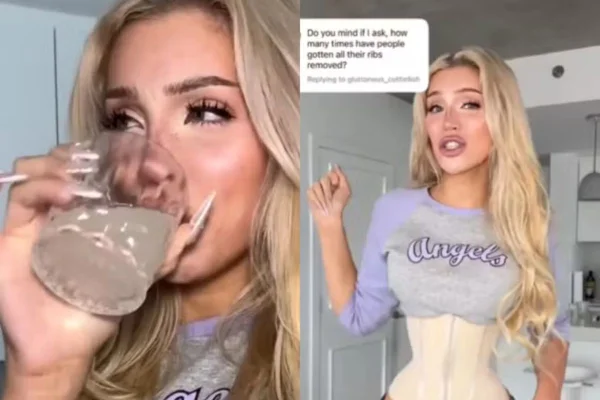 montagem com fotos colorida de mulher que tirou as costelas