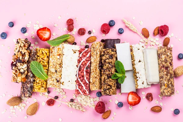 Foto colorida de barras de cereais e de proteína em fundo rosa. Há frutas e granola ao redor dos alimentos - Metrópoles