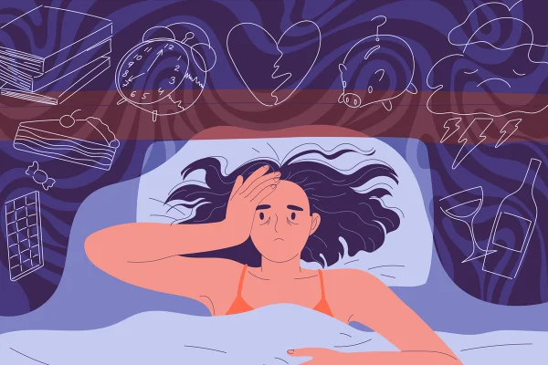 Ilustração mostra mulher com insônia, acordada na cama, com vários desenhos remetendo a preocupações - Metrópoles
