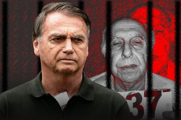 Arte mostra Jair Bolsonaro em primeiro plano e Roger Abdelmassih ao fundo, atrás da grades