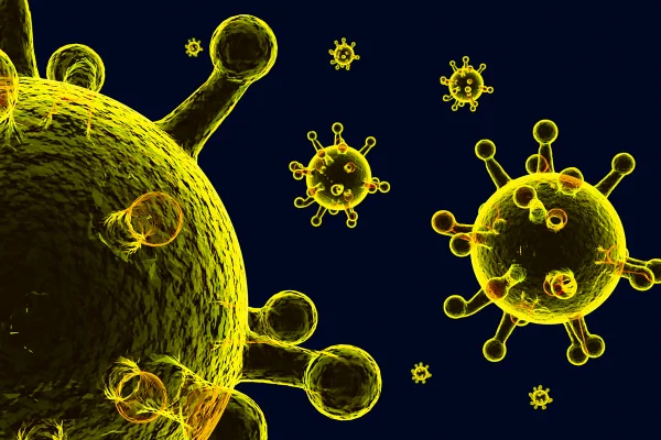 Ilustração colorida da influenza com fundo azul escuro e bolas com pontas de cores preto e verde neon- Metrópoles