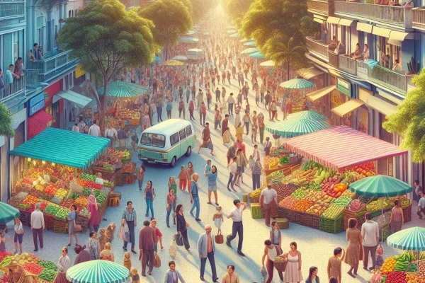 Ilustração colorida de rua movimentada, cheia de pessoas e com uma feira, gerada pelo Copilot, IA da Microsoft - Metrópoles