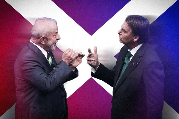 Montagem de Lula (esquerda) discutindo com Bolsonaro (direita) em debate com arte em forma de "X" atrás - Metrópoles