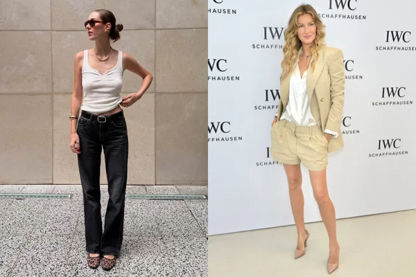 A imagem é uma montagem de duas fotos. Na esquerda uma modelo posa com uma camisa regata branca e calças escuras. Na direita a modelo Gisele Bündchen posa em frente um backdrop